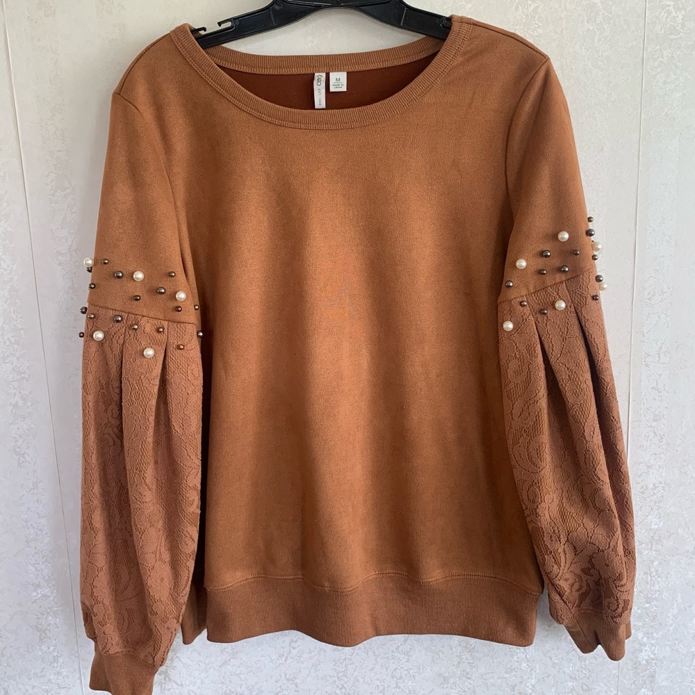Cato Brown Knit Top Boho-‎ Western- Arms with Pearl Embellishments Size Medium